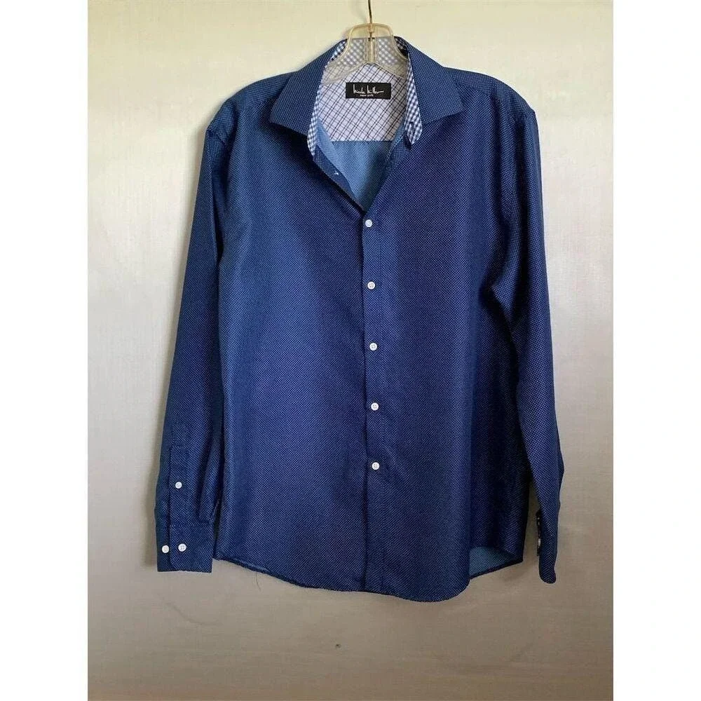 Nicole Miller New York Men's M Blue Polka Dot Long Sleeve Button-Up Shirt
